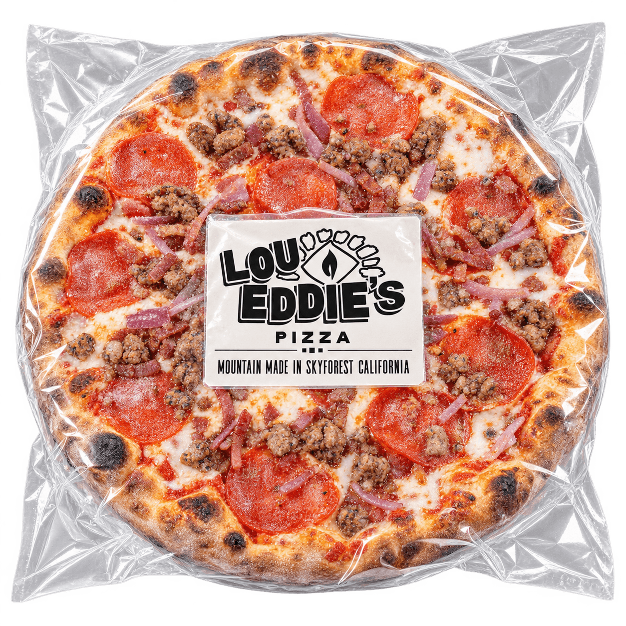LouEddie's Frozen: a LouEddie's Special frozen pizza wrapped in packaging